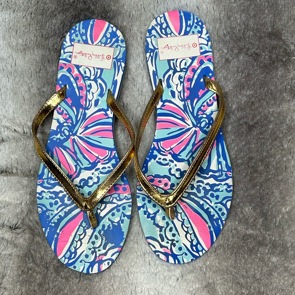Lilly Pulitzer for Target flip flops with gold size 7